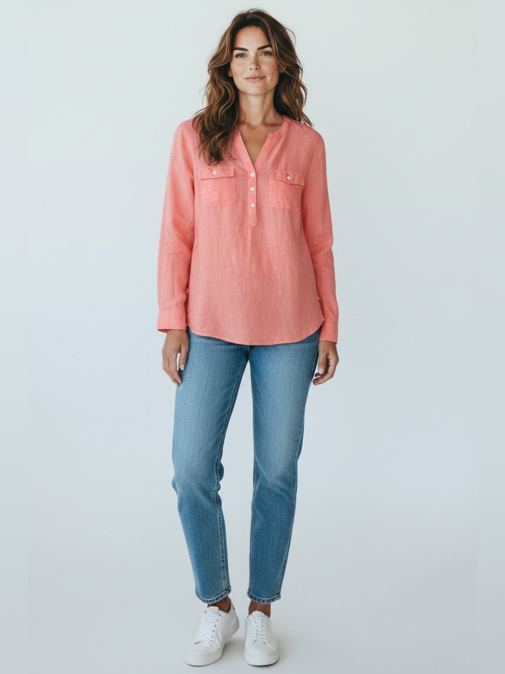 Talbots Linen Blend Coral Pink Long Sleeve Button Up Blouse Top